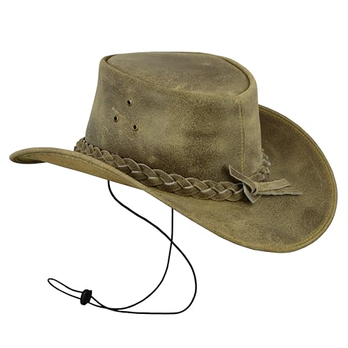 Leatherick Unisex-Cowboyhüte aus echtem Mad-Horse-Leder im West-Aussie-Stil mit Kinnriemen (M, Verrücktes Beigebraun) von Leatherick