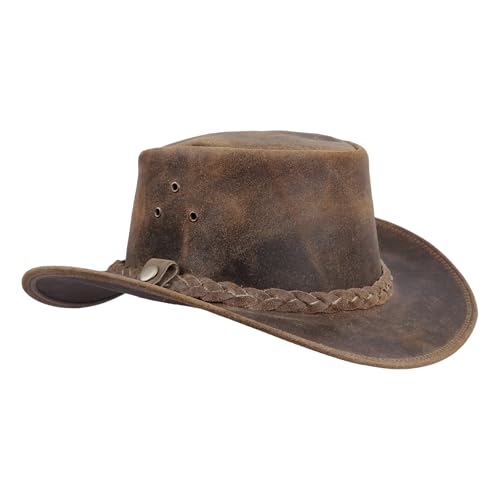 Leatherick Unisex-Cowboyhüte aus echtem Mad-Horse-Leder im West-Aussie-Stil mit Kinnriemen (DE/NL/SE/PL, Alphanumerisch, S, Hellbraun) von Leatherick