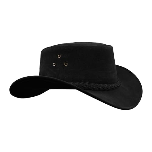 Leatherick Wasserdichter Cowboyhut Echtes Wildleder Schwarz & Dunkelbraun Aussie Style Western Outback Leder Bush Hut (S, Schwarz) von Leatherick