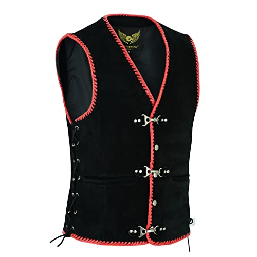 Leatherick aus echtem Wildleder Lederweste Herren rot geflochtene klassische schwarze Weste mit Angelhaken und seitlichen Schnürsenkeln (3XL) von Leatherick