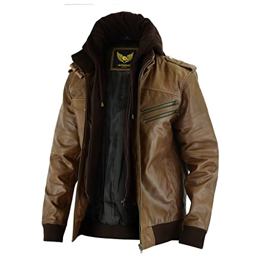 Leatherick Herren-Jacke aus echtem Büffelleder mit Kapuze, echte Bikerjacke, braun (DE/NL/SE/PL, Alphanumerisch, S, Regular, Regular) von Leatherick