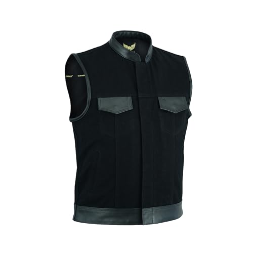 Leatherick Herren Anarchy Club Leder Trim Denim motorradfahrer Weste mit tief taschen schwarz - L von Leatherick