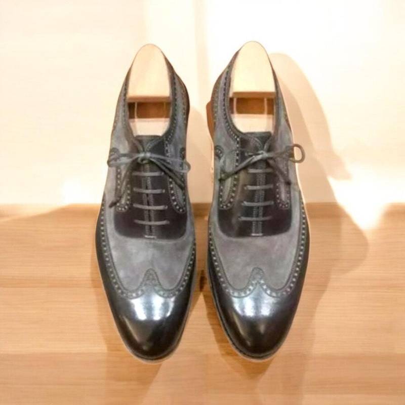 Neue Herrenmode Maßgeschneiderte Premium Leder Schwarz & Grau Wildleder Oxford Wingtip Style Schnürschuh von LeathersCity