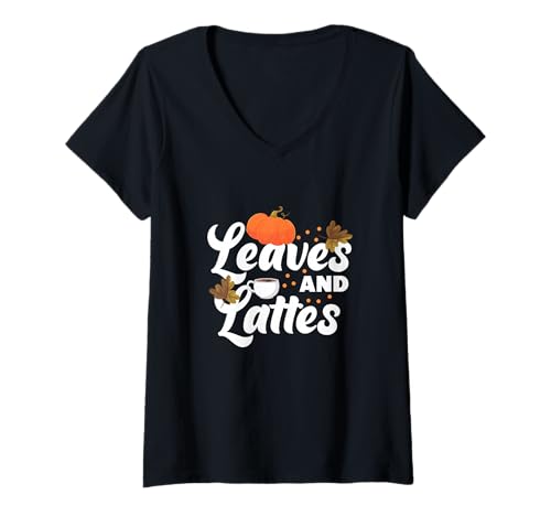 Damen Leaves and Lattes Lustiger Herbst Herbst T-Shirt mit V-Ausschnitt Damen Leaves and Lattes Lustiger Herbst Herbst T-Shirt mit V-Ausschnitt von Leaves & Lattes Halloween Fall Apparel