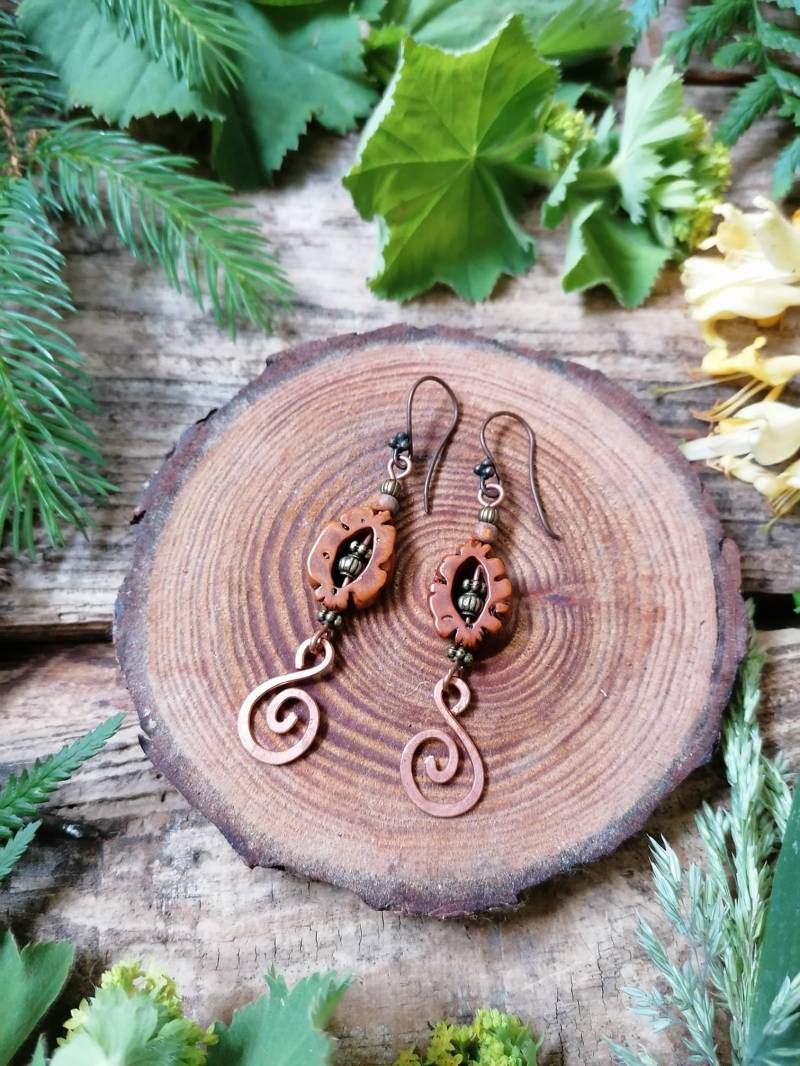 Kupfer Spirale Wald Ohrringe Spiralen Baumeln Elf Schmuck Recycling Samen Pods Natürliche Ohr Ringe Handwerker Psy Festival Holz von Leawildcreative