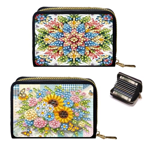 Lebartm 2Stück Kreditkarteninhaber Diamant Kunst Malerei PU Brieftasche ID-Karte Fall Reißverschluss Anti-Demagnetisierung Business Akkordeon Brieftasche für Frauen Männer-03 von Lebartm