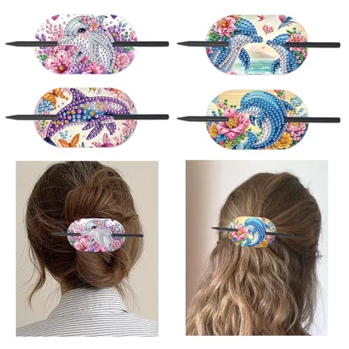 Lebartm 4Stück Haarnadeln für Frauen Elegante Haaraccessoires Diamantmalerei PET Vintage Französische Haarnadel Handwerksbedarf für Hochsteckfrisuren Chignon-Dutt Twist-Frisuren-Delfin von Lebartm