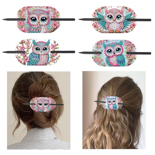 Lebartm 4Stück Haarnadeln für Frauen Elegante Haaraccessoires Diamantmalerei PET Vintage Französische Haarnadel Handwerksbedarf für Hochsteckfrisuren Chignon-Dutt Twist-Frisuren-Eule von Lebartm