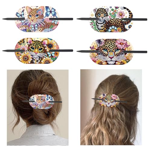 Lebartm 4Stück Haarnadeln für Frauen Elegante Haaraccessoires Diamantmalerei PET Vintage Französische Haarnadel Handwerksbedarf für Hochsteckfrisuren Chignon-Dutt Twist-Frisuren-Leopard von Lebartm