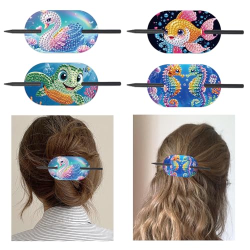 Lebartm 4Stück Haarnadeln für Frauen Elegante Haaraccessoires Diamantmalerei PET Vintage Französische Haarnadel Handwerksbedarf für Hochsteckfrisuren Chignon-Dutt Twist-Frisuren-Wassertiere von Lebartm