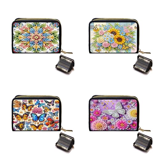 Lebartm 4Stück Kreditkarteninhaber Diamant Kunst Malerei PU Brieftasche ID-Karte Fall Reißverschluss Anti-Demagnetisierung Business Akkordeon Brieftasche für Frauen Männer von Lebartm