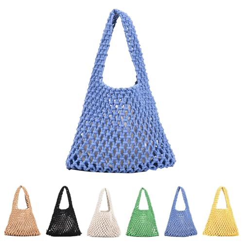 Lebartm Gestrickte Umhängetasche Damen Crochet Tote Bag Große Kapazität Strick Tragetasche Teenager Mädchen Shopper Handtasche Sommer Reisen Böhmische Strandtasche-Blau von Lebartm