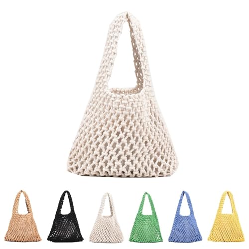 Lebartm Gestrickte Umhängetasche Damen Crochet Tote Bag Große Kapazität Strick Tragetasche Teenager Mädchen Shopper Handtasche Sommer Reisen Böhmische Strandtasche-Weiß von Lebartm