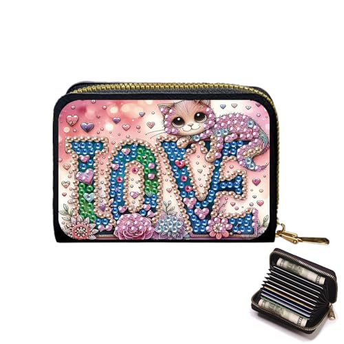 Lebartm Kreditkarteninhaber Diamant Kunst Malerei PU Brieftasche ID-Karte Fall Reißverschluss Anti-Demagnetisierung Business Akkordeon Brieftasche für Frauen Männer Reisen-Liebe Katze02 von Lebartm