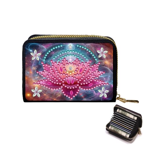 Lebartm Kreditkarteninhaber Diamant Kunst Malerei PU Brieftasche ID-Karte Fall Reißverschluss Anti-Demagnetisierung Business Akkordeon Brieftasche für Frauen Männer-Rosa Blume02 von Lebartm