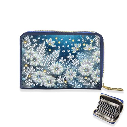 Lebartm Kreditkarteninhaber Diamant Kunst Malerei PU Brieftasche ID-Karte Fall Reißverschluss Anti-Demagnetisierung Business Akkordeon Brieftasche für Frauen Männer-Weißer Blumenstrauch von Lebartm