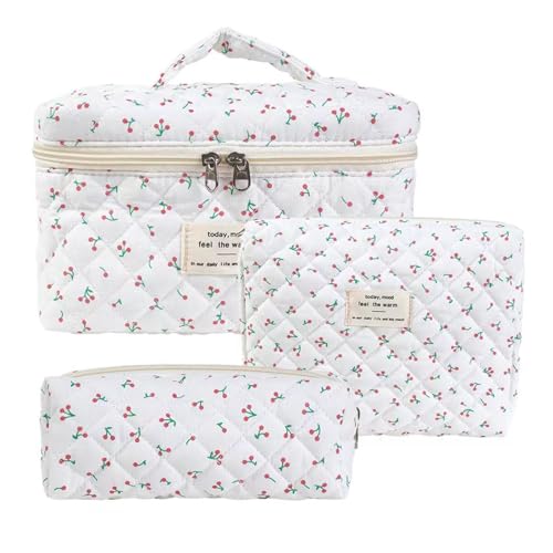 Lebartm Make-up-Tasche für Damen Gesteppte ästhetische Kulturbeutel-Set mit Blumenmuster Kosmetiktasche Reise Cosmetic Bag für Mädchen Frauen-3Stück Kirsche von Lebartm