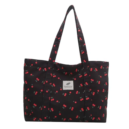 Lebartm Umhängetasche Damen Blumen Nylon Tragetaschen Schultertasch Hobo Tasche große Kapazität Shopper für Täglich Arbeiten Freizeit Crossbody Tasche-Kirsche-Schwarz von Lebartm