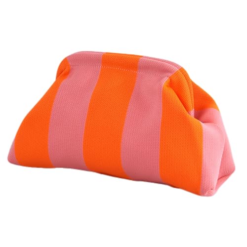 Lebartm Unterarmtasche Clutch Geldbörsen Gewebte Häkelhandtaschen Knödel handgemachte Colorblock Clip Tasche für Damen Sommer Reise Strand Tasche-Rosa & Orange gestreift von Lebartm