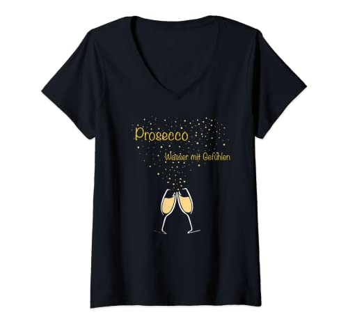 Damen Prosecco - Wasser mit Gefühl - Sekt & Motiv zum Anstoßen T-Shirt mit V-Ausschnitt von Leben, Zitronen Salz und Geschenk mit Idee