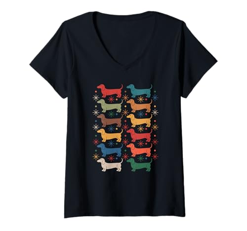 Damen Buntes Retro-Hunde- und Sterne-Design Dachshund Dachs T-Shirt mit V-Ausschnitt Damen Buntes Retro-Hunde- und Sterne-Design Dachshund Dachs T-Shirt mit V-Ausschnitt von Lebendige Hundekunst Mode im Vintage-Stil