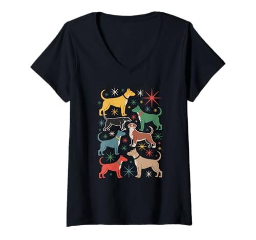 Damen Buntes Retro-Hunde- und Sterne-Design T-Shirt mit V-Ausschnitt Damen Buntes Retro-Hunde- und Sterne-Design T-Shirt mit V-Ausschnitt von Lebendige Hundekunst Mode im Vintage-Stil