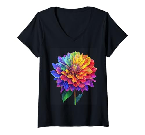 Damen Regenbogen Dahlie Blumen Kunst T-Shirt mit V-Ausschnitt Damen Regenbogen Dahlie Blumen Kunst T-Shirt mit V-Ausschnitt von Lebendiges Naturmotiv
