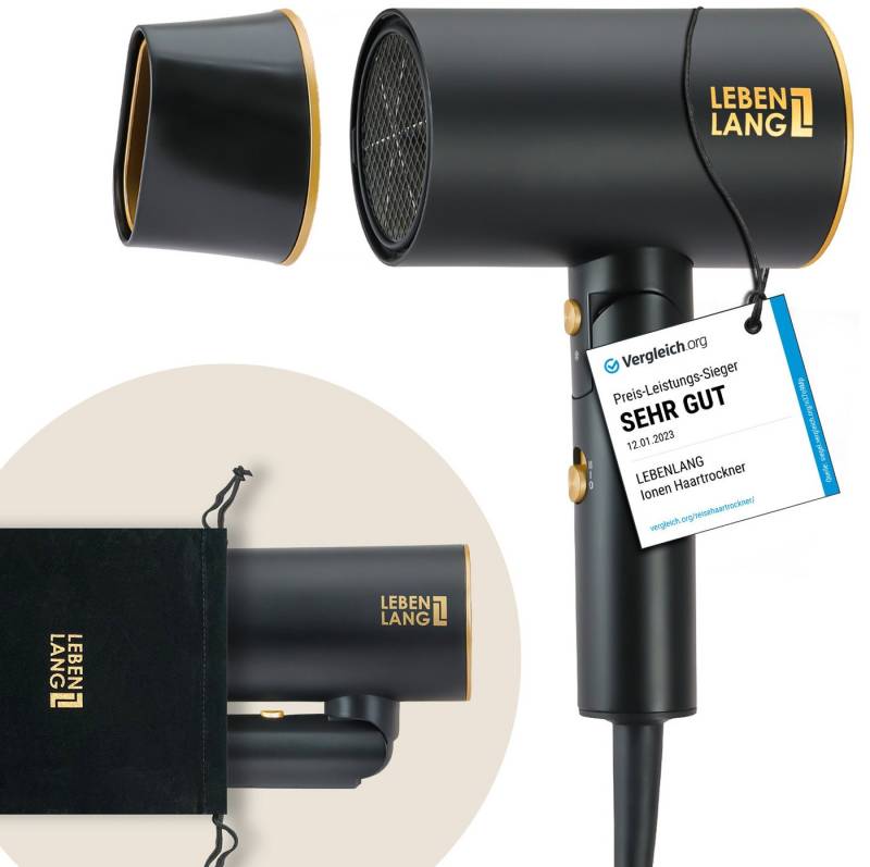 Lebenlang Haartrockner Föhn Ionen - Anti-Spliss mit Kaltluft Modus klappbar klein I Reiseföhn, 2100,00 W, Ionisch Frizzfrei, Präzisionsdüse, Klappgriff, Ultra-leise, 2100W von Lebenlang