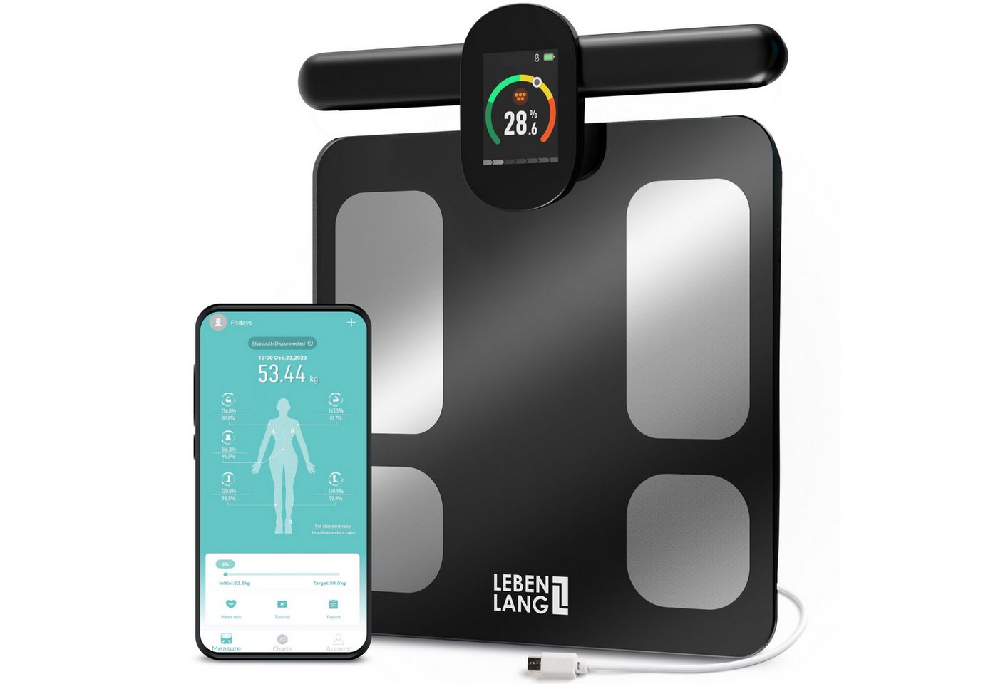 Lebenlang Körper-Analyse-Waage Fitness Körperfettwaage mit Handsensoren - Bis 180kg - 29 Messwerte, Körperanalyse, 8 Sensoren, Präzise Messung, Wiederaufladbar mit USB Lebenlang Körper-Analyse-Waage Fitness Körperfettwaage mit Handsensoren - Bis 180kg - 29 Messwerte, Körperanalyse, 8 Sensoren, Präzise Messung, Wiederaufladbar mit USB von Lebenlang