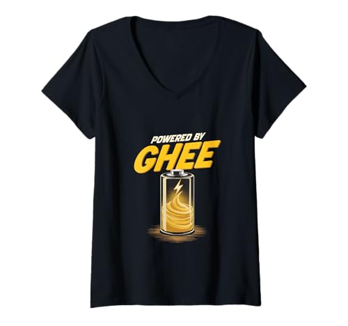Damen Angetrieben von Ghee Lustige Batterie-Energie Ghee-Liebhaber T-Shirt mit V-Ausschnitt von Lebensenergie Traditionelle Desi-Power-Energie