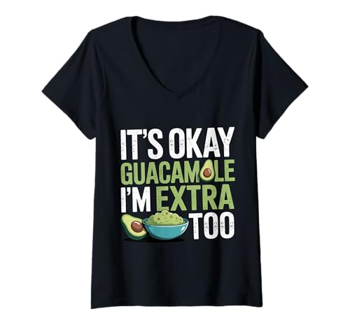 Damen It's Okay Guacamole I'm Extra Too Avocado -Essenswitz - T-Shirt mit V-Ausschnitt Damen It's Okay Guacamole I'm Extra Too Avocado -Essenswitz - T-Shirt mit V-Ausschnitt von Lebensmittel Wortspiel Avocado Humor