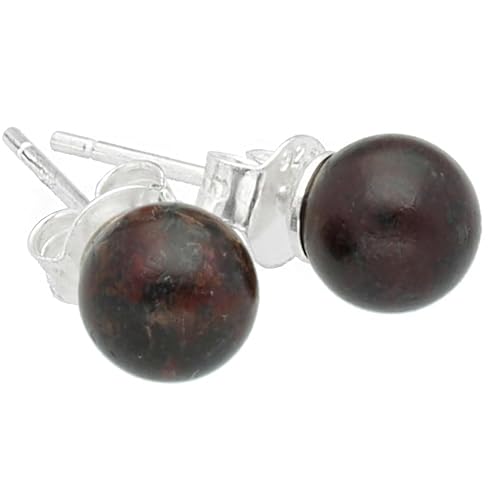 Edelstein Ohrstecker in 925er Silber | Kugel/Perle 6 mm Durchmesser | Ohrringe mit Verschluss (Granat) von Lebensquelle Plus