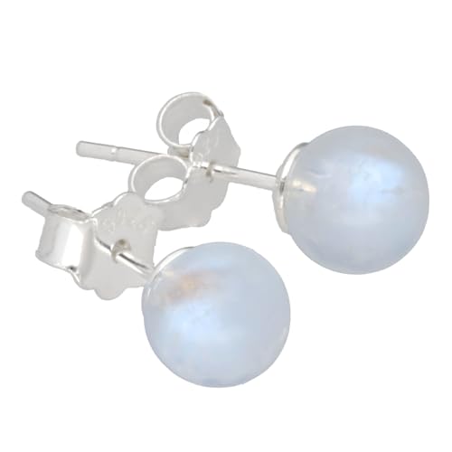 Edelstein Ohrstecker in 925er Silber | Kugel/Perle 6 mm Durchmesser | Ohrringe mit Verschluss (Regenbogen-Mondstein) von Lebensquelle Plus