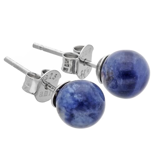 Edelstein Ohrstecker in 925er Silber | Kugel/Perle 6 mm Durchmesser | Ohrringe mit Verschluss (Sodalith) von Lebensquelle Plus