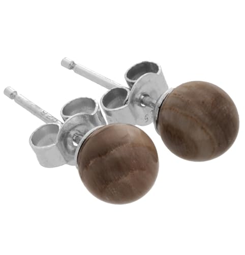 Edelstein Ohrstecker in 925er Silber | Kugel/Perle 6 mm Durchmesser | Ohrringe mit Verschluss (Versteinertes Holz) von Lebensquelle Plus
