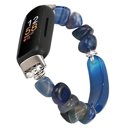 Lebensstyle Handarbeit Uhrenarmband Armband für Fitbit Inspire 3 aus Naturstein Elastischer Bänder Ersatzband Armbänder Smartwatch Zubehör Damen,Herren(Blue) von Lebensstyle