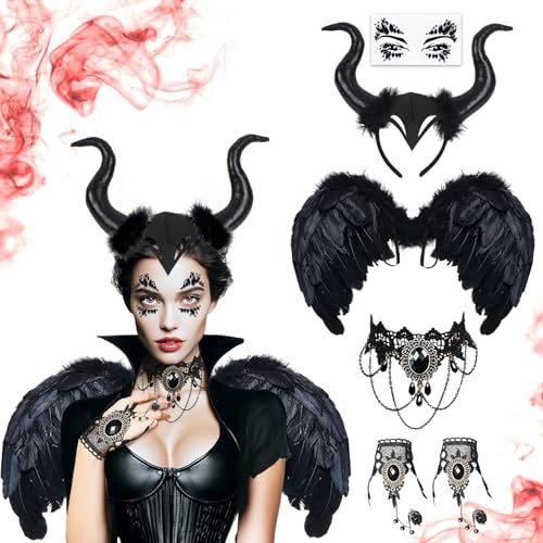 Leboria Halloween Kostüm Frauen, Schwarze Flüge, Haarband mit Dämonenhorn, Gesichtstattoo Gothic Accessoires, Halloween Kostüm Damen Hexe, Böse Königin Gothic Kleidung Damen Leboria Halloween Kostüm Frauen, Schwarze Flüge, Haarband mit Dämonenhorn, Gesichtstattoo Gothic Accessoires, Halloween Kostüm Damen Hexe, Böse Königin Gothic Kleidung Damen von Leboria
