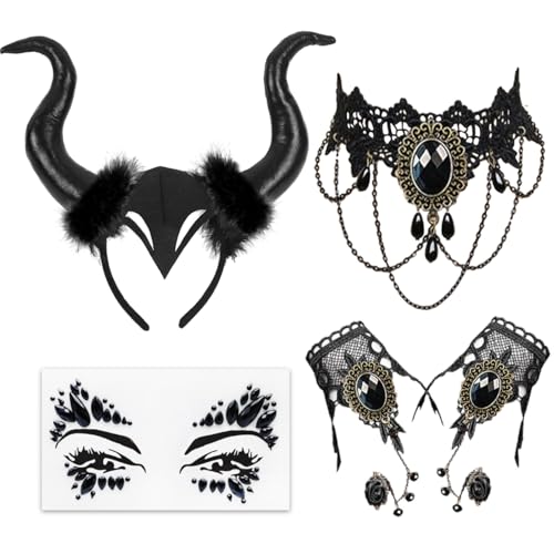 Leboria Kostüm Halloween Damen Haarband mit Dämonenhorn, Gothic Accessoires Gesichtstattoo Halloween, Gothic Kleidung Damen Böse Königin Kostüm, für Halloween Karneval Maskerade Leboria Kostüm Halloween Damen Haarband mit Dämonenhorn, Gothic Accessoires Gesichtstattoo Halloween, Gothic Kleidung Damen Böse Königin Kostüm, für Halloween Karneval Maskerade von Leboria