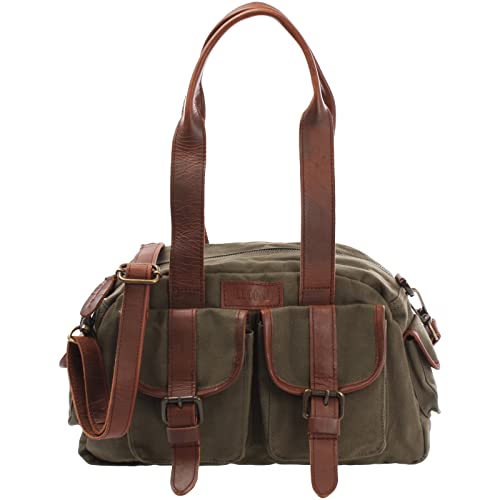 LECONI Henkeltasche Frauen Schultertasche Damentasche Vintage-Look Canvas + Leder Damen Retro Freizeit Mode Handtasche Umhängetasche 35x20x12cm braun grün LE0042-C von LECONI