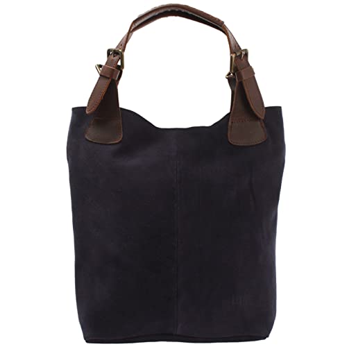 LECONI Henkeltasche Echt-Leder Wildleder Damentasche Handtasche für Damen Shopper für Freizeit, Büro oder Shopping Beuteltasche Frauen Ledertasche Veloursleder 34x35x10cm navy LE0033-V von LECONI