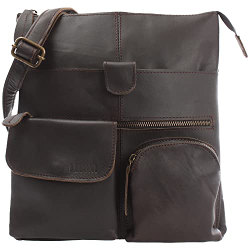 LECONI Umhängetasche Rinds-Leder kleine Schultertasche Damen + Herren Vintage-Look Schultertasche Ledertasche 28x30x5cm dunkelbraun LE3011-wax von LECONI