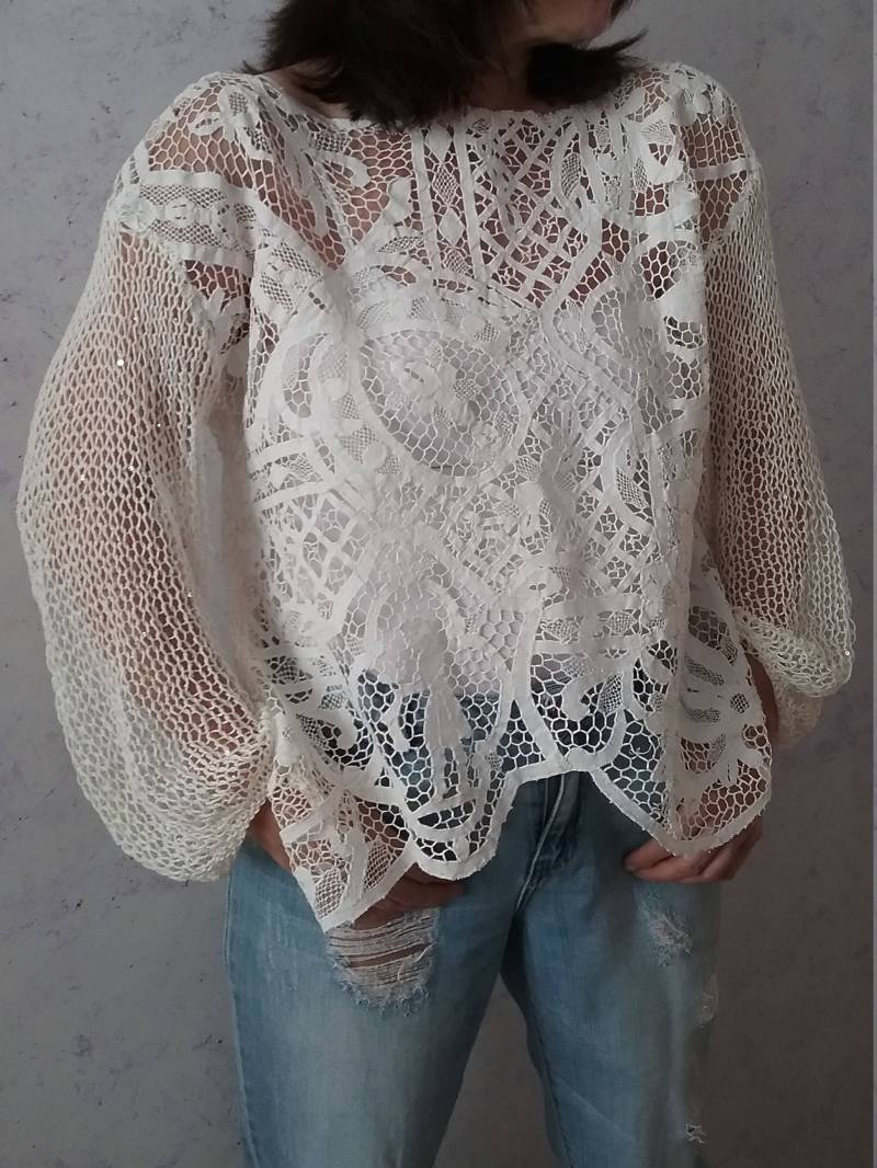 Weißer Pullover Handgestrickt Stricken Frauen Vintage Spitze Baumwolle Tunika Damen Bekleidung von LecrochetArt