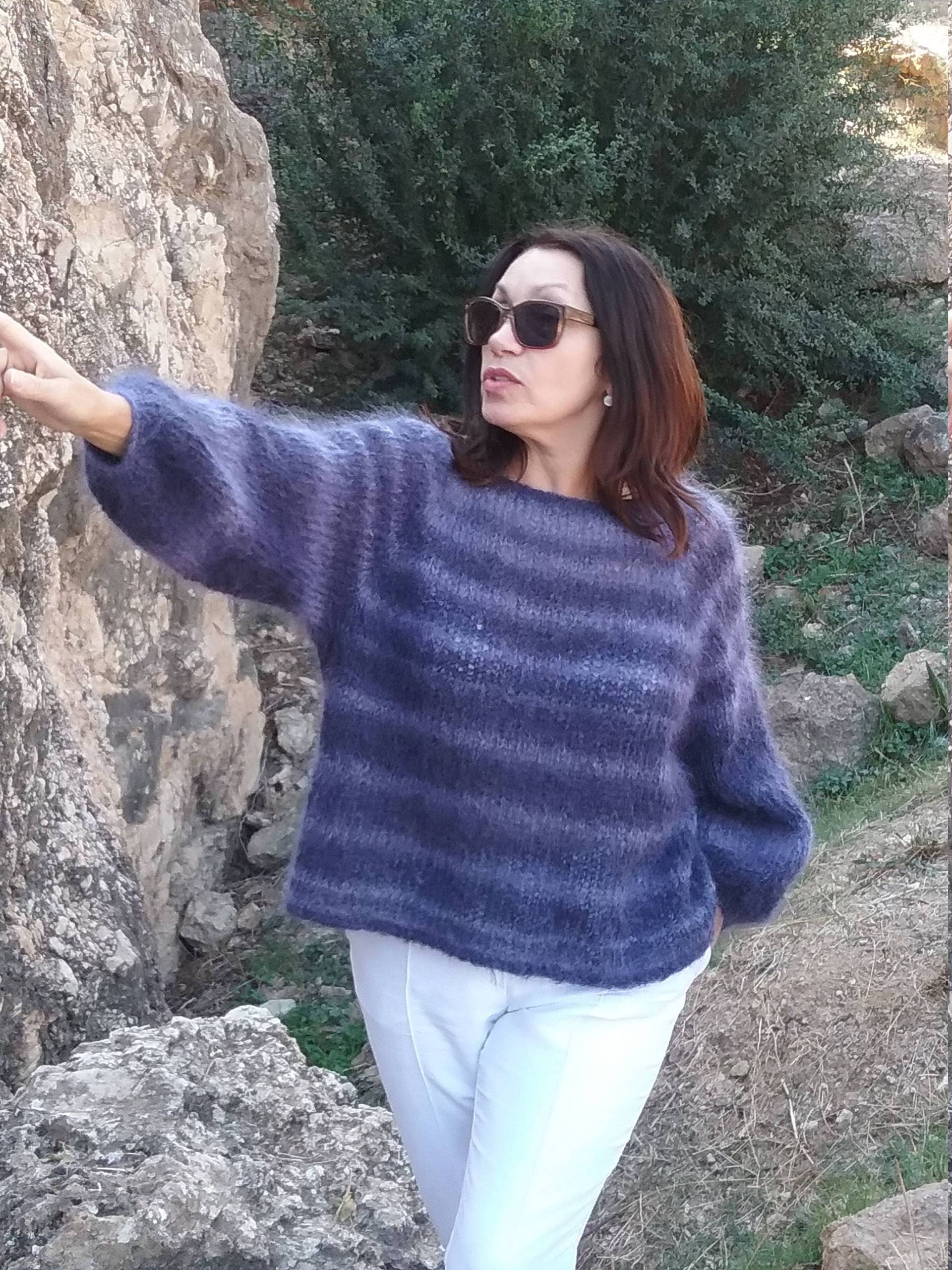 stricken Pullover Blau Damen Blauen Grobstrick Pullover-Kid-Mohair von LecrochetArt