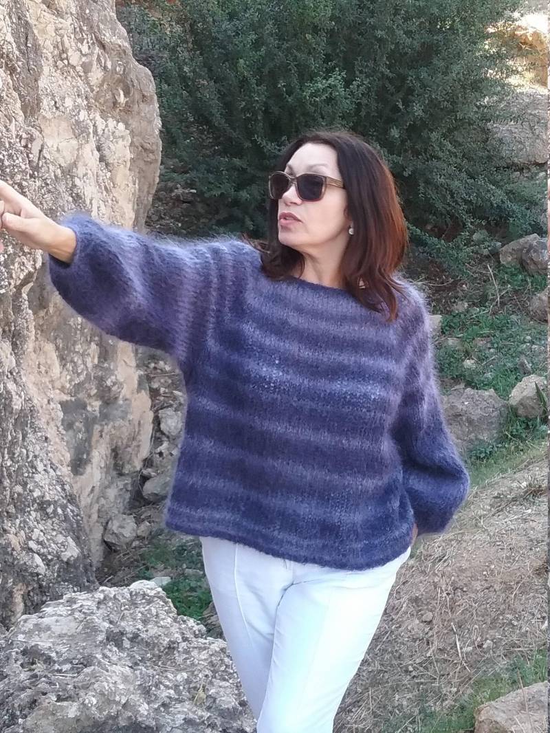 stricken Pullover Blau Damen Blauen Grobstrick Pullover-Kid-Mohair von LecrochetArt