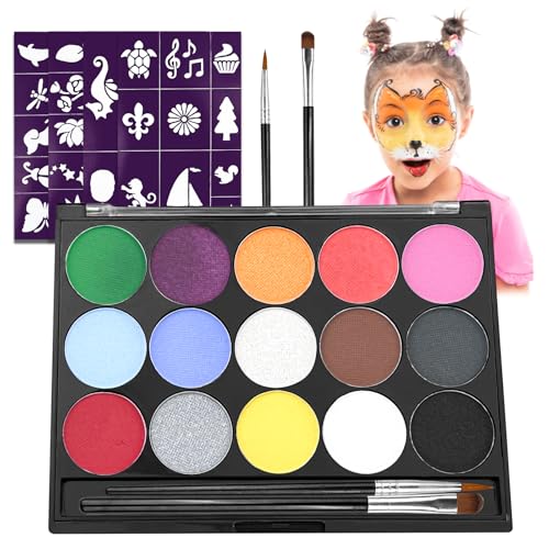 Lectorias kinderschminke set, 15 bodypainting farben, Gesichtsfarben Körperfarbe mit 2 Pinsel und 40 Schablonen für Karneval Make-up Fasching, Waschbar face paint kinderschminken Bodypaint Schminkset von Lectorias