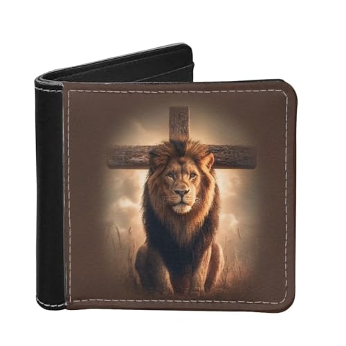 LedBack Fashion Print Slim PU Leder Herren Bi-fold Wallet mit Kreditkartenfach, Kruzifix Löwe, Modern LedBack Fashion Print Slim PU Leder Herren Bi-fold Wallet mit Kreditkartenfach, Kruzifix Löwe, Modern von LedBack