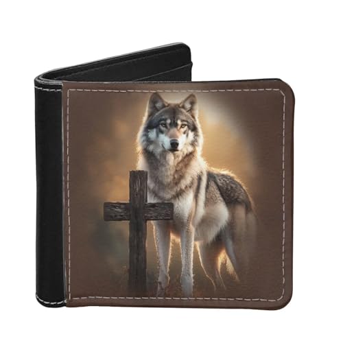 LedBack Fashion Print Slim PU Leder Herren Bi-fold Wallet mit Kreditkartenfach, Kruzifix Wolf, Modern von LedBack