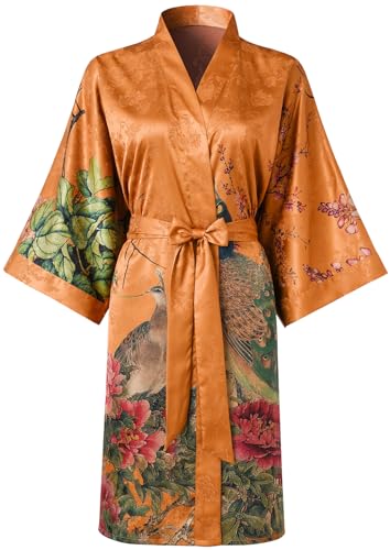 Ledamon Damen Kimono Kurz Robe - Klassischer Floral Bademantel Nachthemd (Goldfarben) von Ledamon