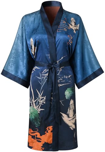 Ledamon Damen Kimono Kurz Robe - Klassischer Floral Bademantel Nachthemd (Grau - Blau) von Ledamon