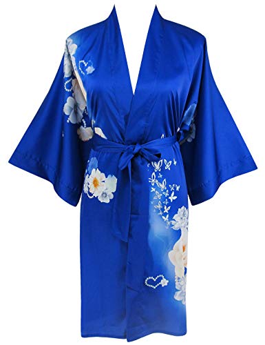 Ledamon Damen Kimono Kurz Robe - Klassischer Floral Bademantel Nachthemd (Saphirblau) von Ledamon